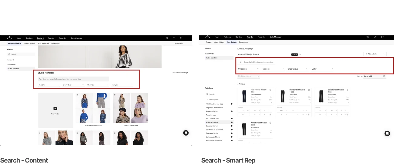 Search in Content and in Smart Replenishment: different fields, filters and layout for the same job