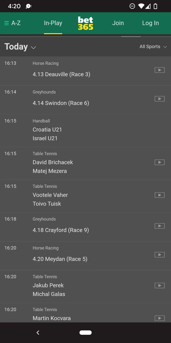 Competitor betting app: today's events in time order