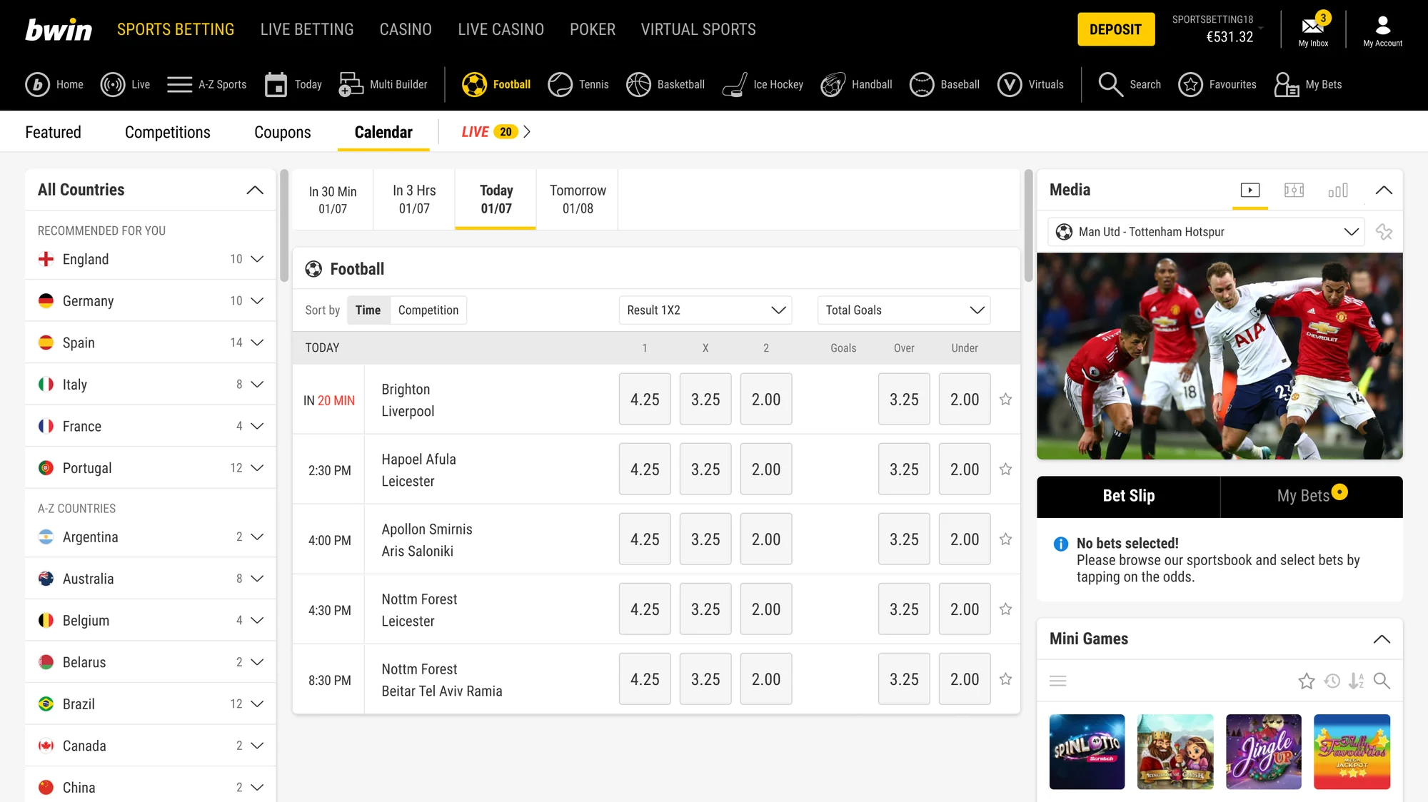 Desktop football calendar: countries on the left, competitions grouped with odds