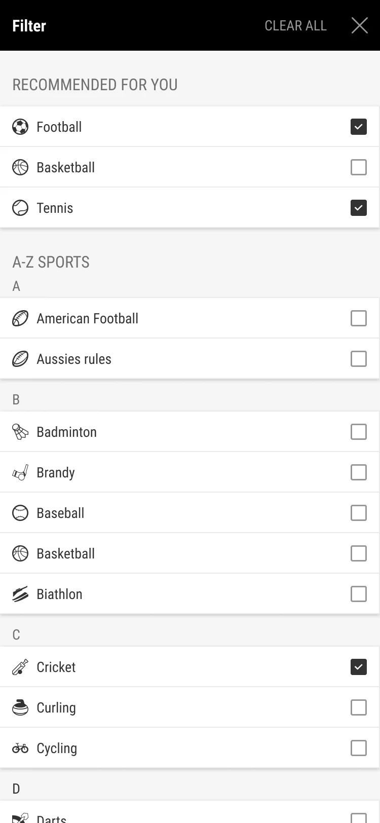Sports filter with several sports selected