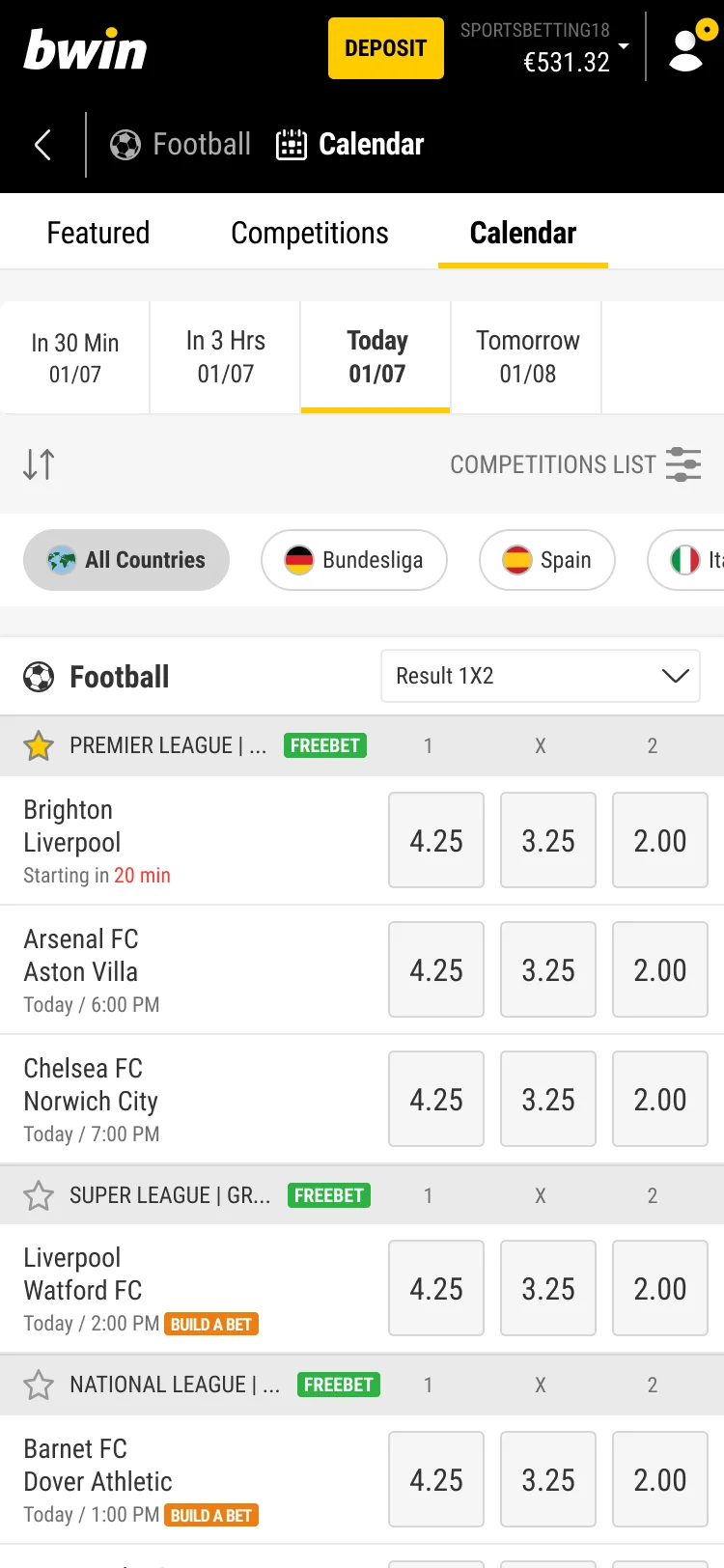 Football calendar with country and competition chips
