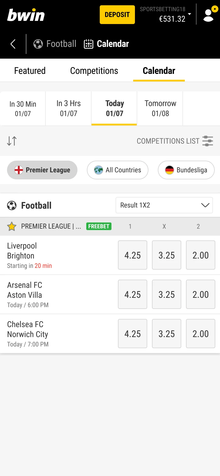 Football calendar filtered to the Premier League