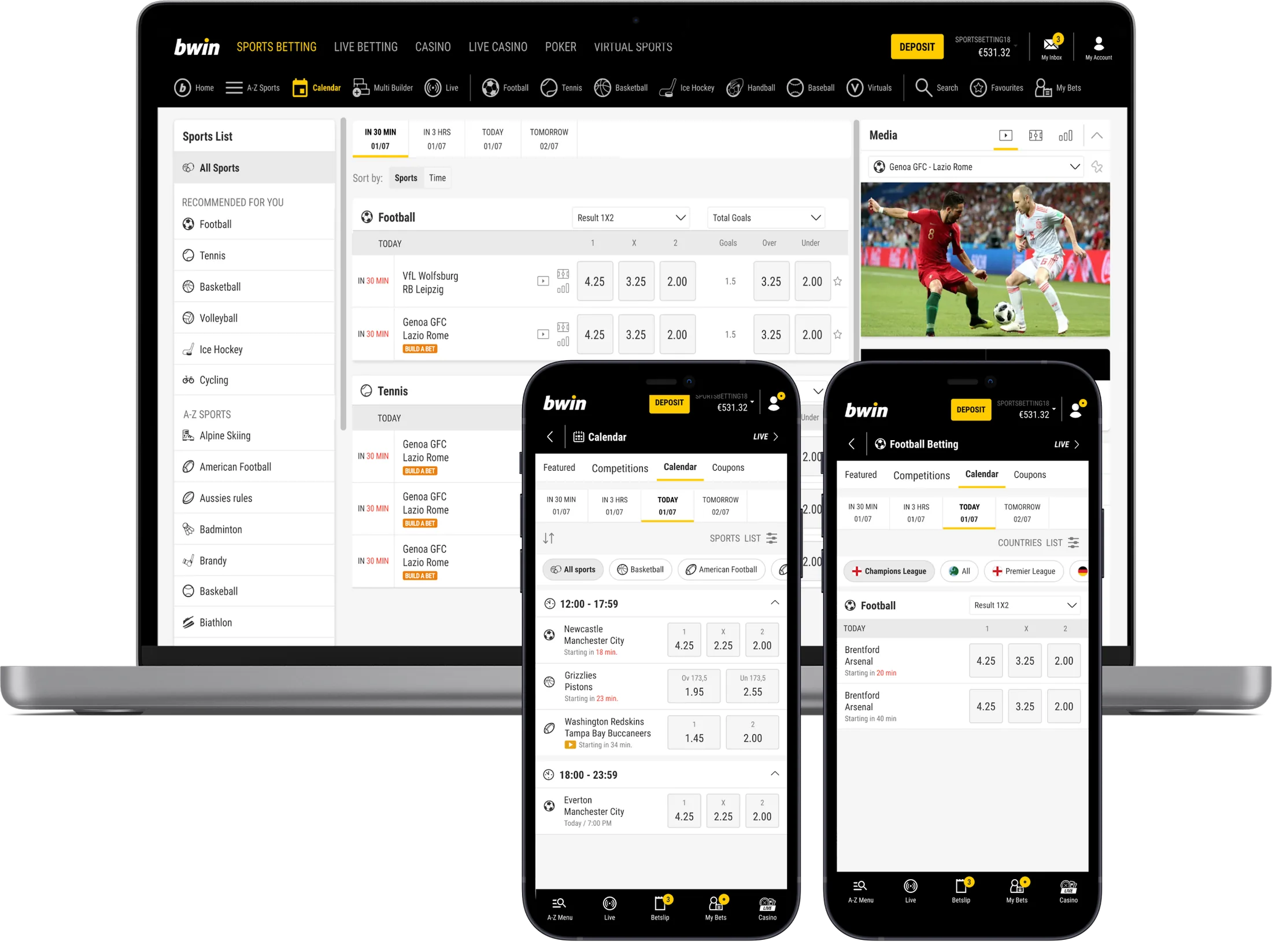 Bwin calendar redesign on a laptop and two phones