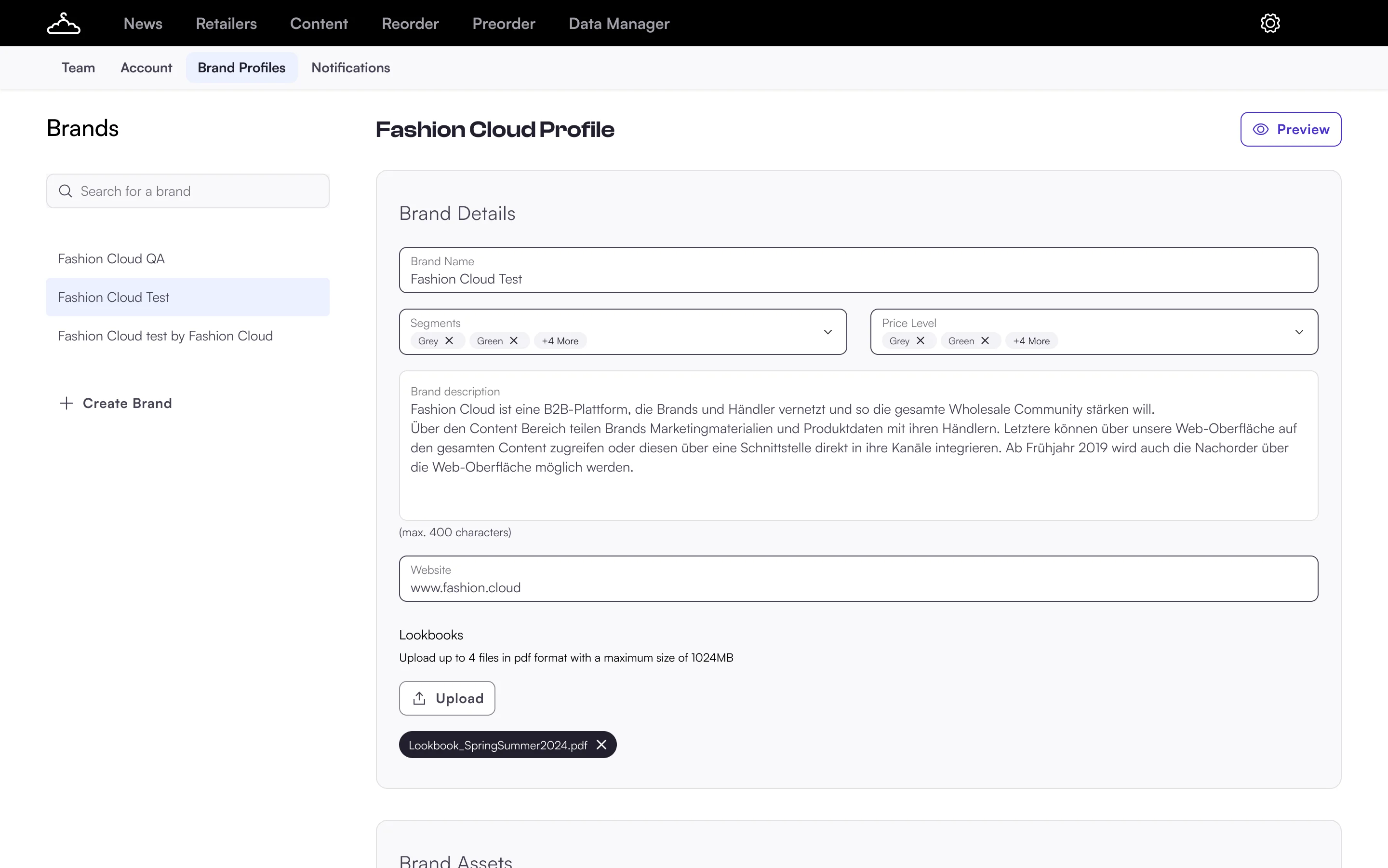 Brand profile page built with the new UI: brand details and brand assets in grouped panels