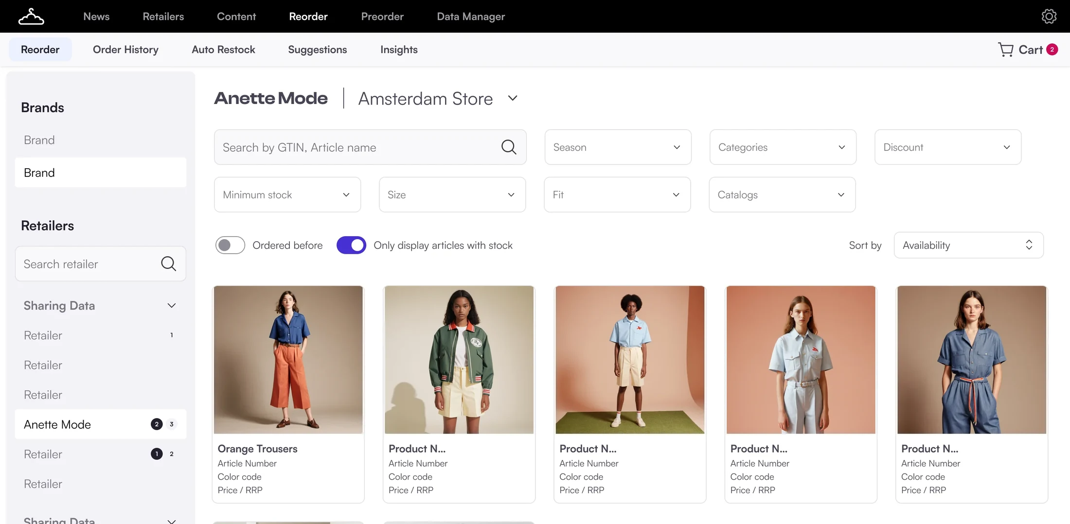The Reorder key page built from library components: search, filter selects, toggles and article cards