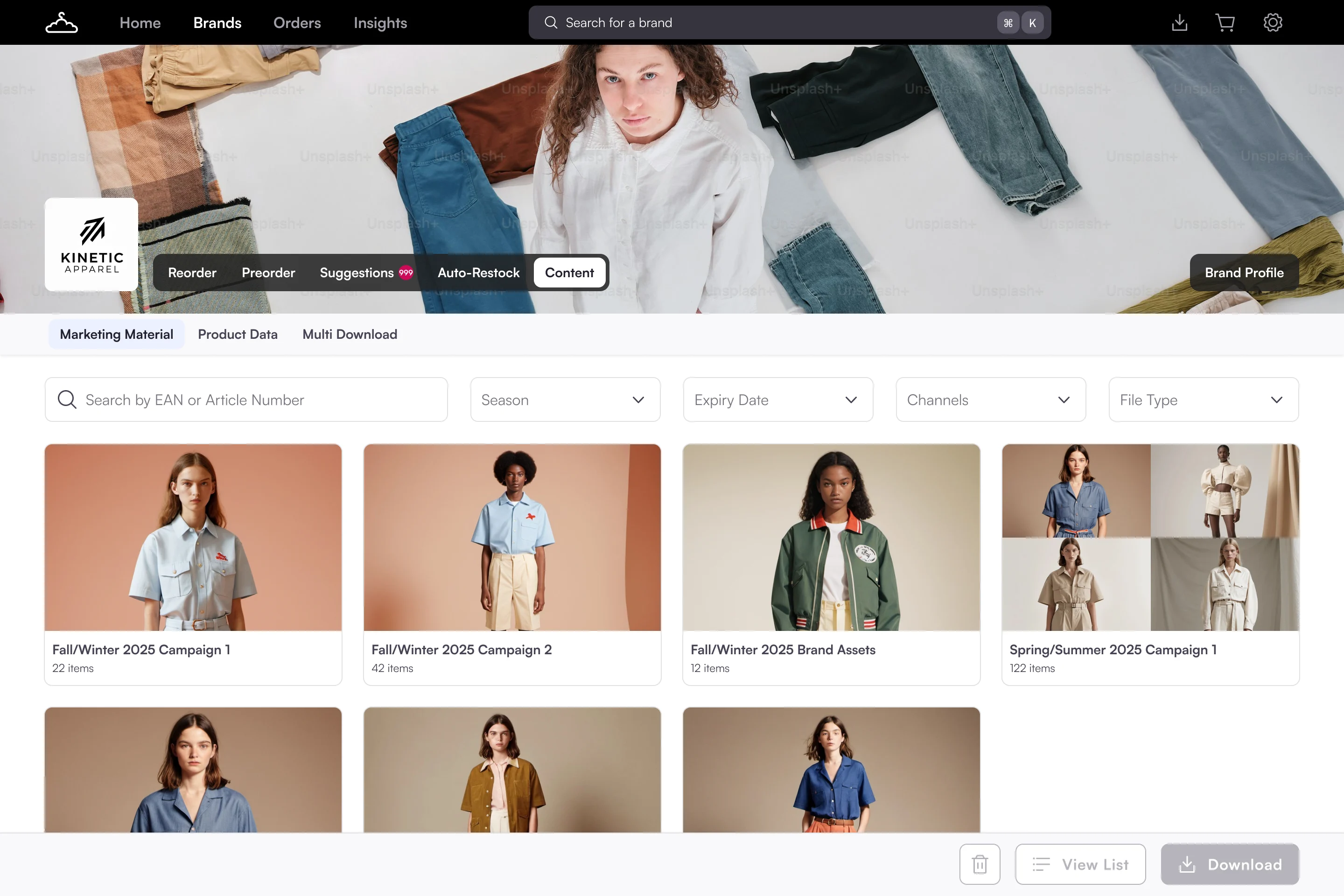 Marketing material overview built with the new UI: boxed search and filters, folder cards with item counts, and a summary bar