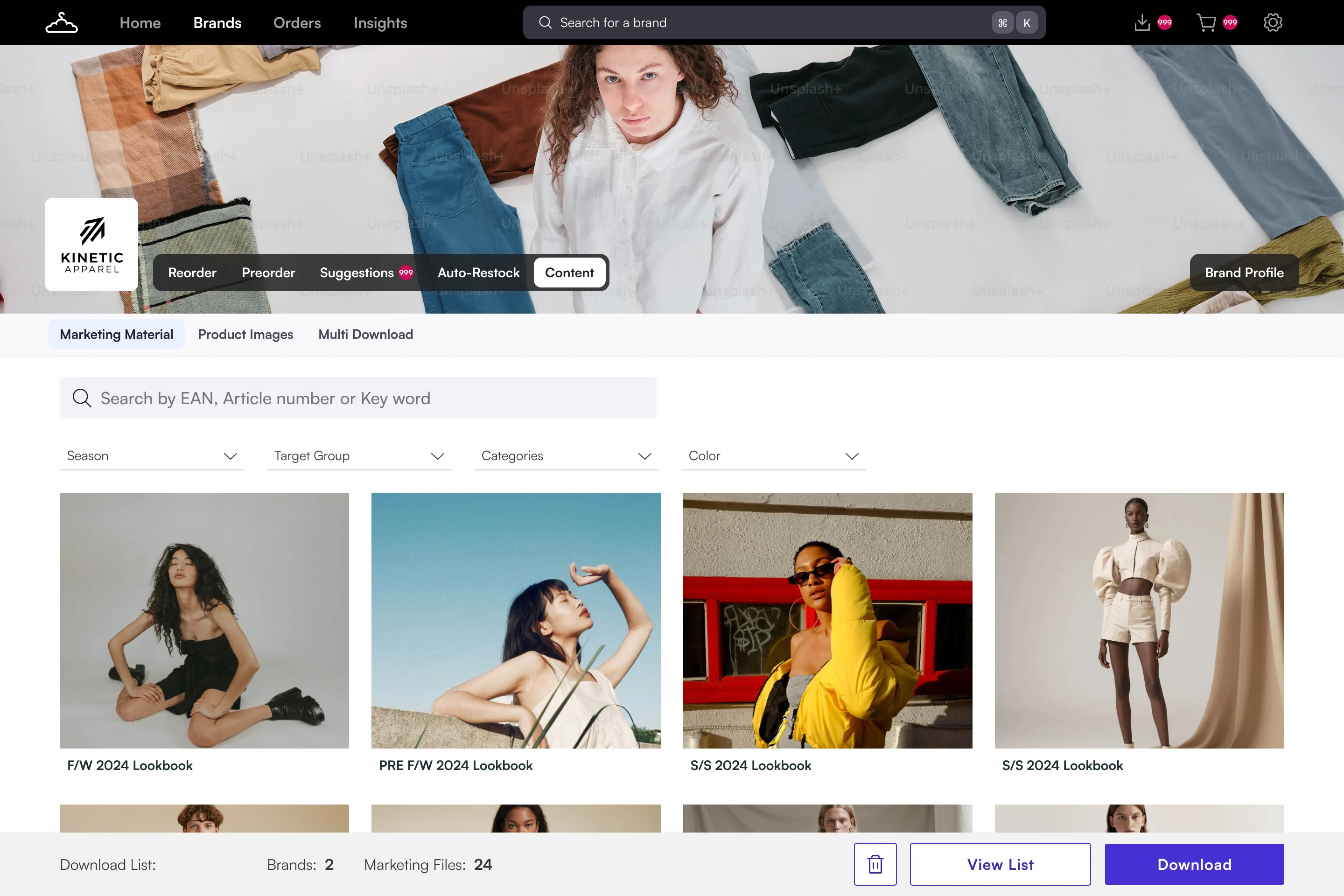 Marketing material overview before: underlined filters, plain image tiles and a different summary bar