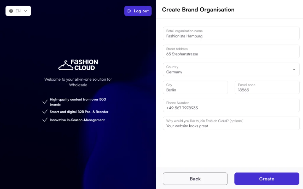Create Brand Organisation form built with the new UI: float label inputs and select