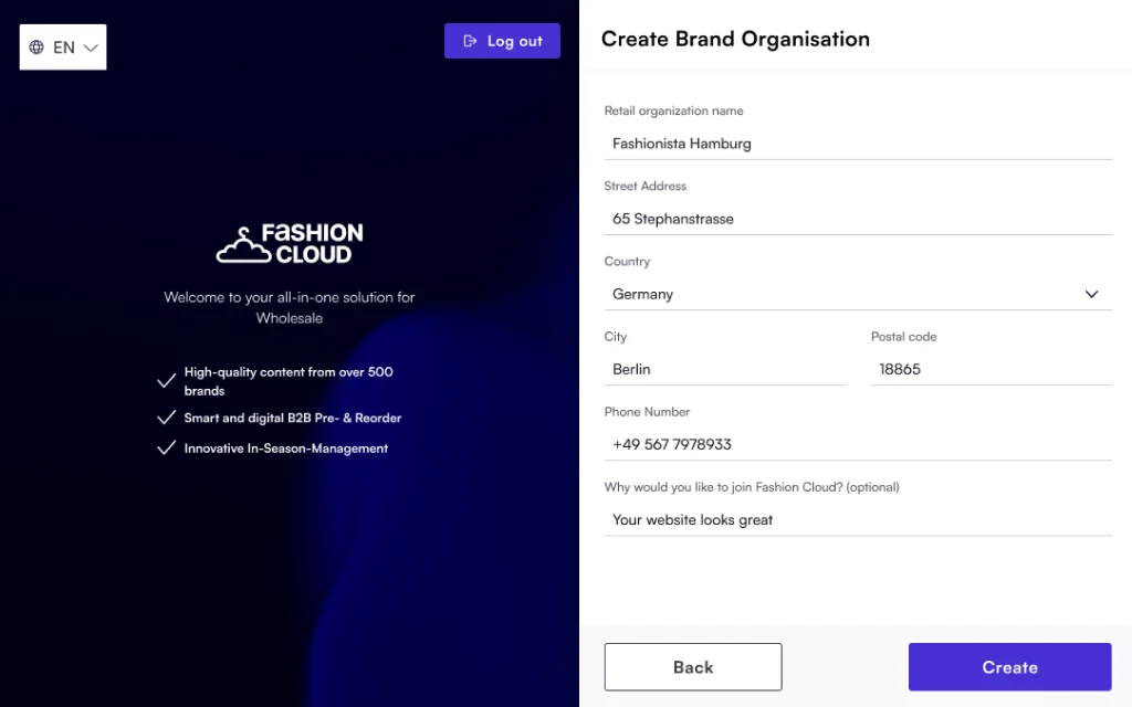 Create Brand Organisation form before: underlined fields