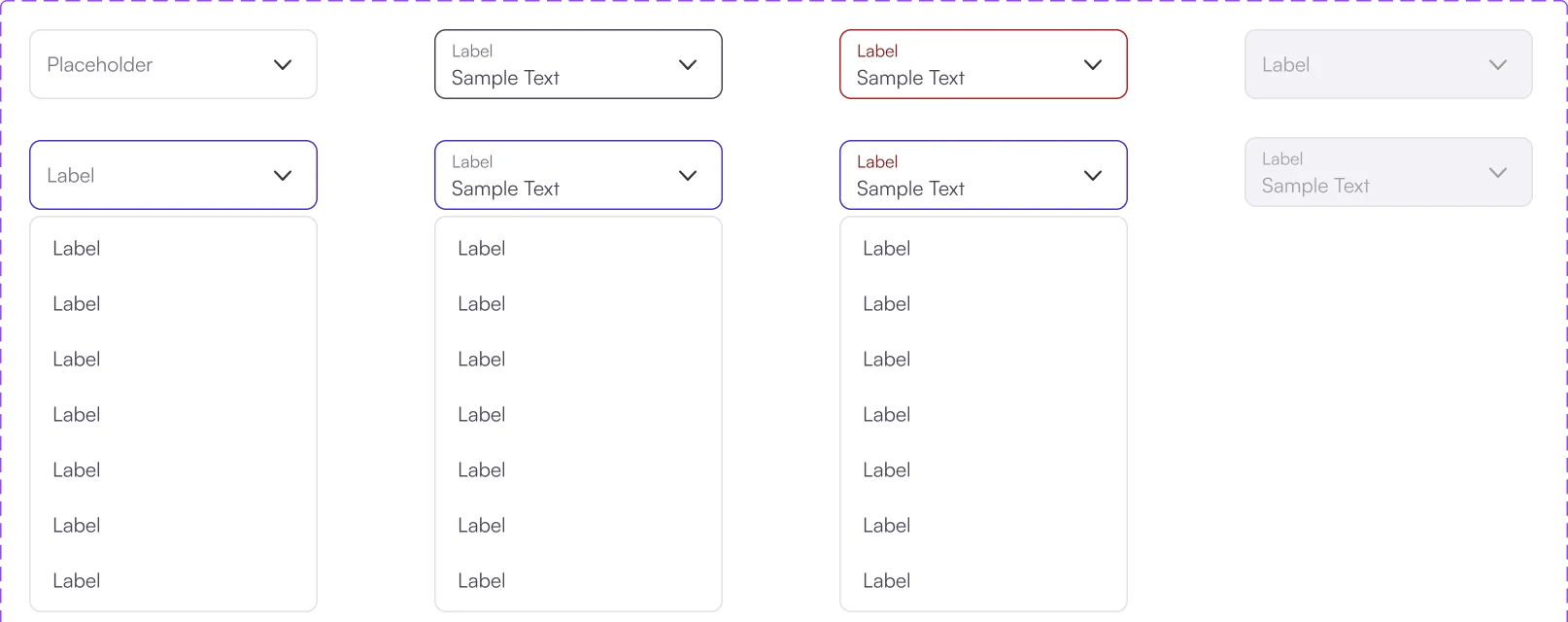 The Select in the Figma Components library: Basic and Float Label types, default, selected, invalid and disabled states, closed and open