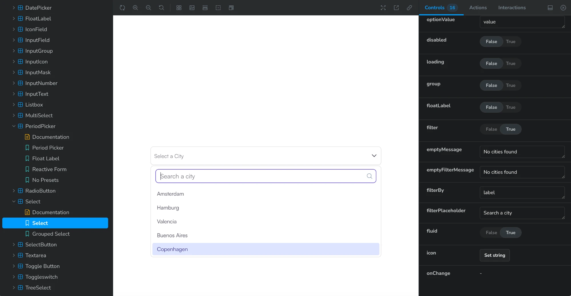 Fashion Cloud Storybook: the Select story open with search, and its controls: optionValue, disabled, loading, group, floatLabel, filter, emptyMessage, filterBy, filterPlaceholder, fluid