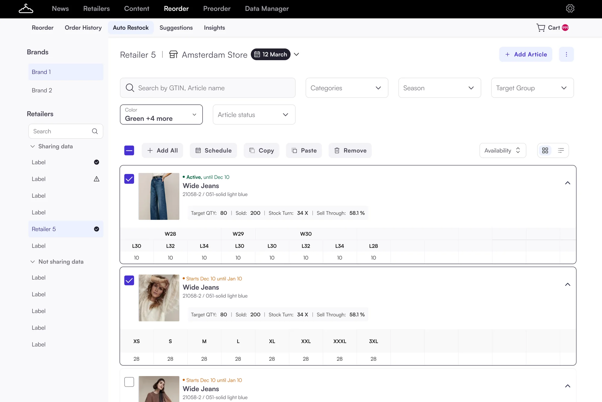 Auto Restock page: retailer by retailer, store by store, with size grids