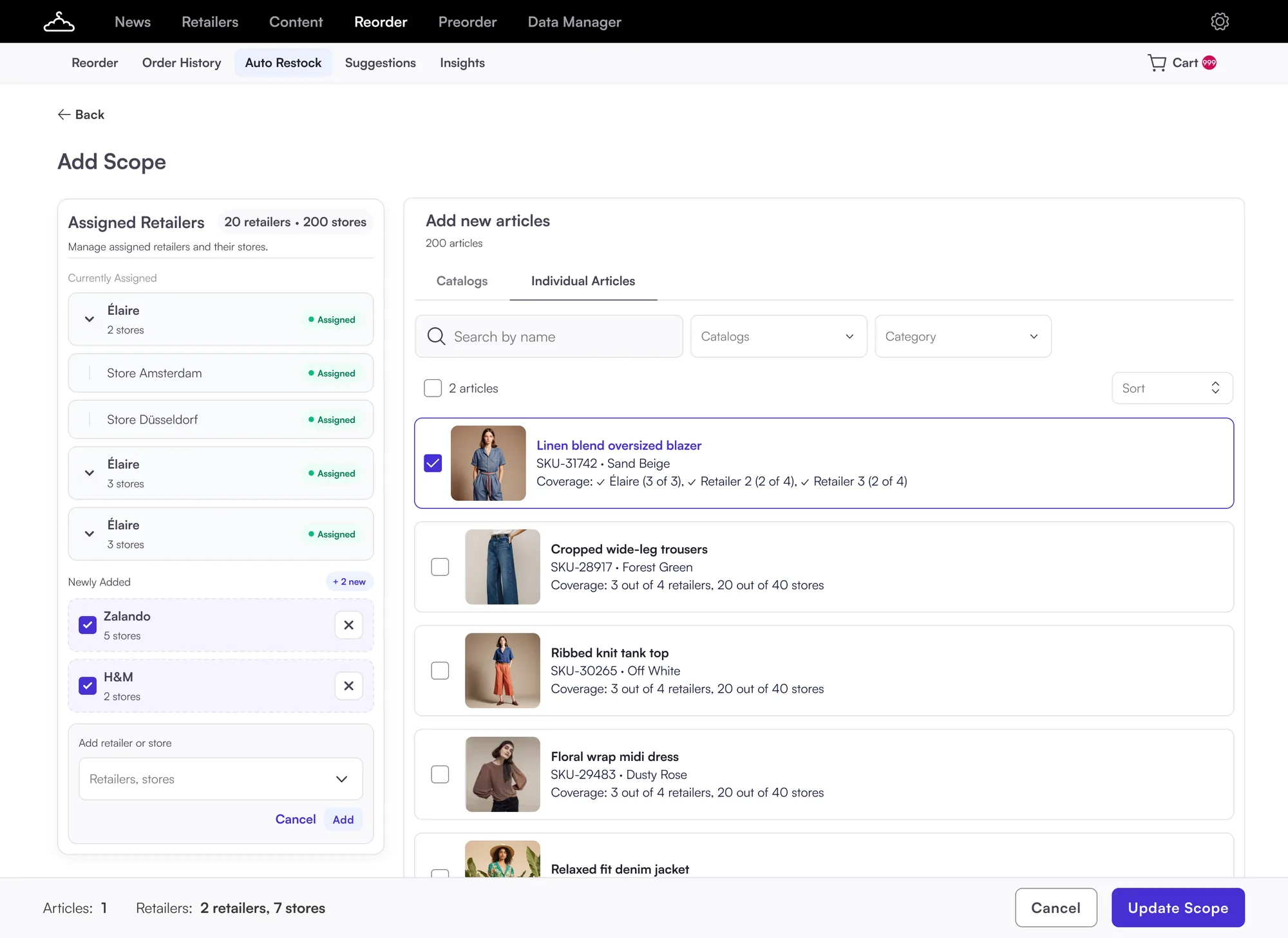 Add Scope page: assigned retailers on the left with a dropdown to add a retailer or store, Zalando and H&M newly added; on the right, Add new articles with catalogs and individual articles picked one by one with checkboxes; Update Scope at the bottom