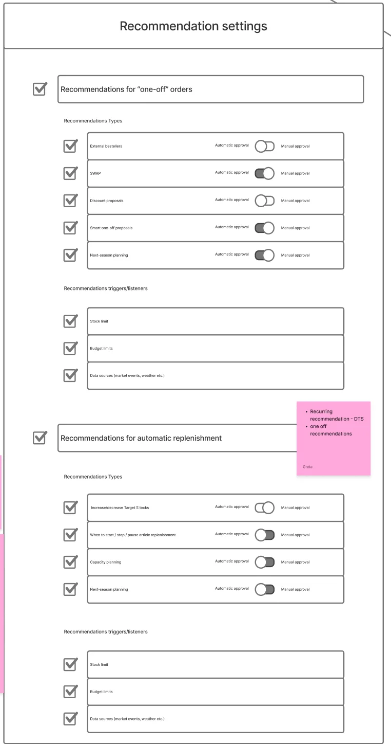 Round 1 wireframe: recommendation settings, one-off and automatic, each type with automatic or manual approval
