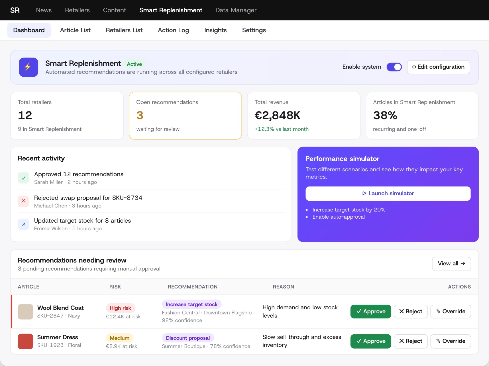 North Star cockpit: KPIs, recent activity, a simulator and recommendations with a reason and approve, reject or override