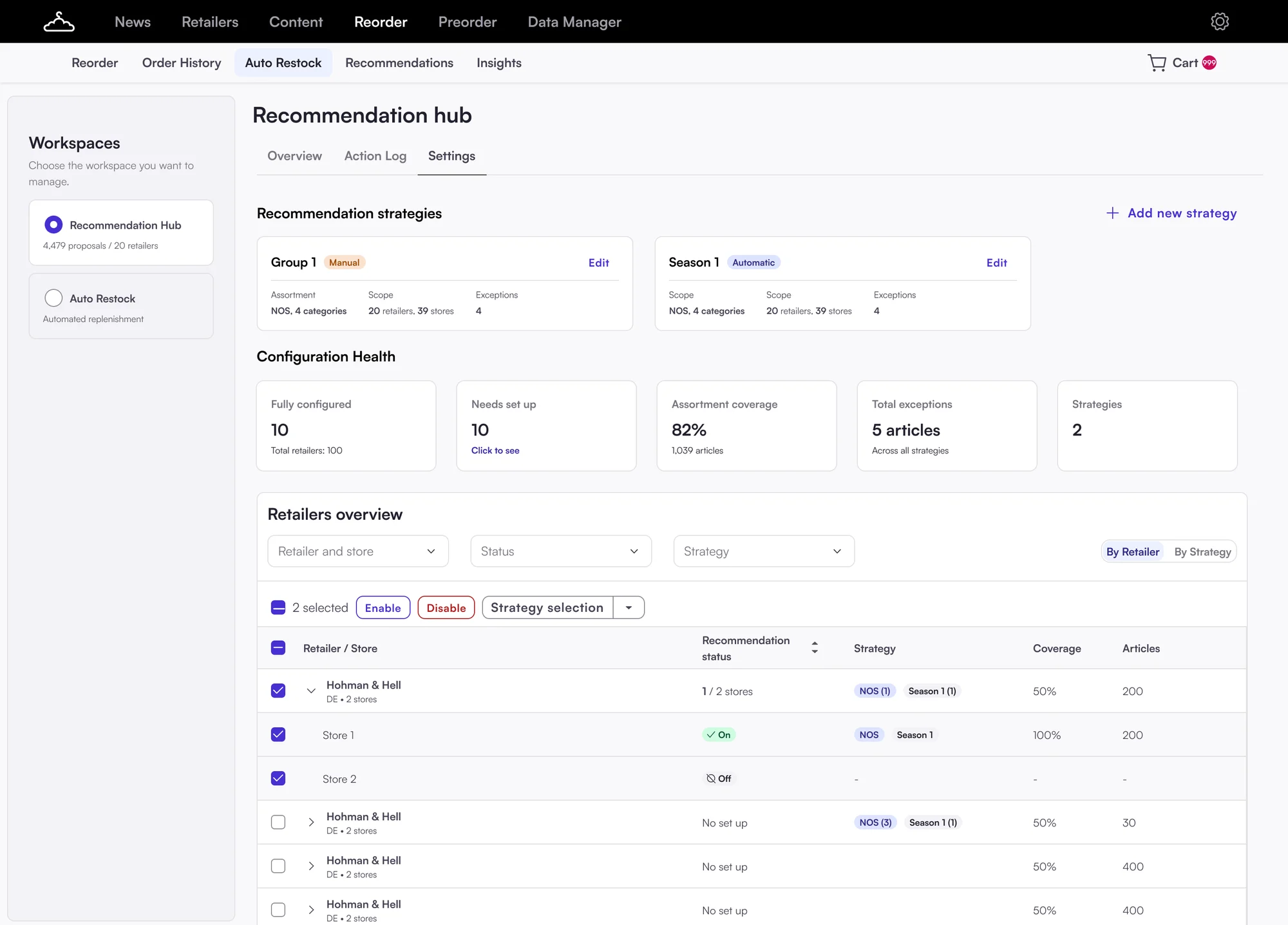 Recommendation hub settings with reusable strategies Group 1 and Season 1 and retailers with their strategy