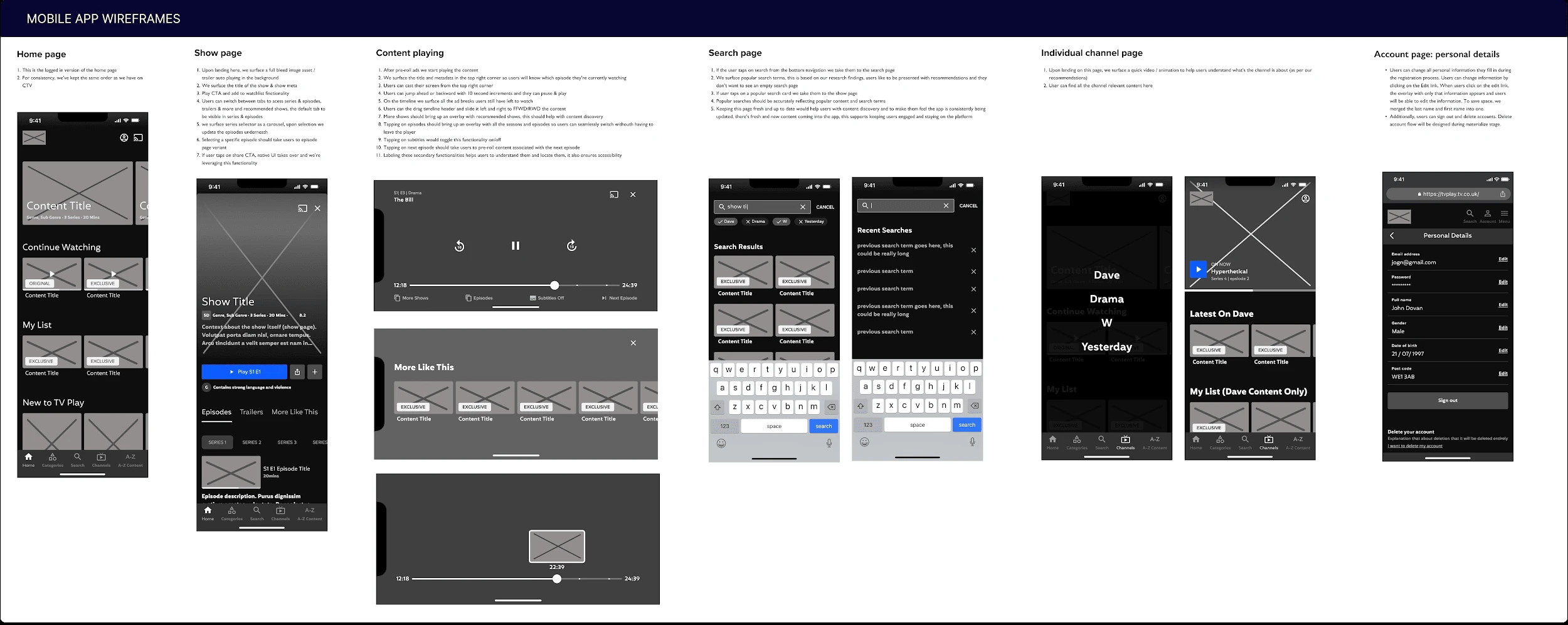 Mobile app wireframes