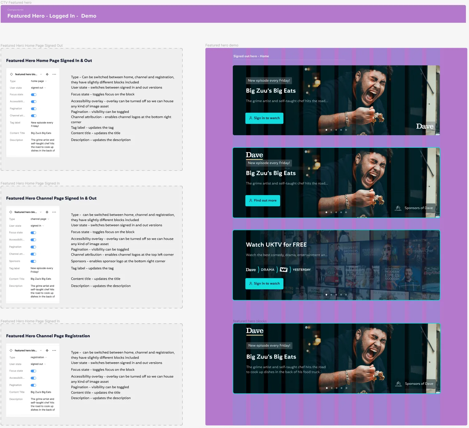 Featured hero component with its settings and variants: home, channel and signed-out states