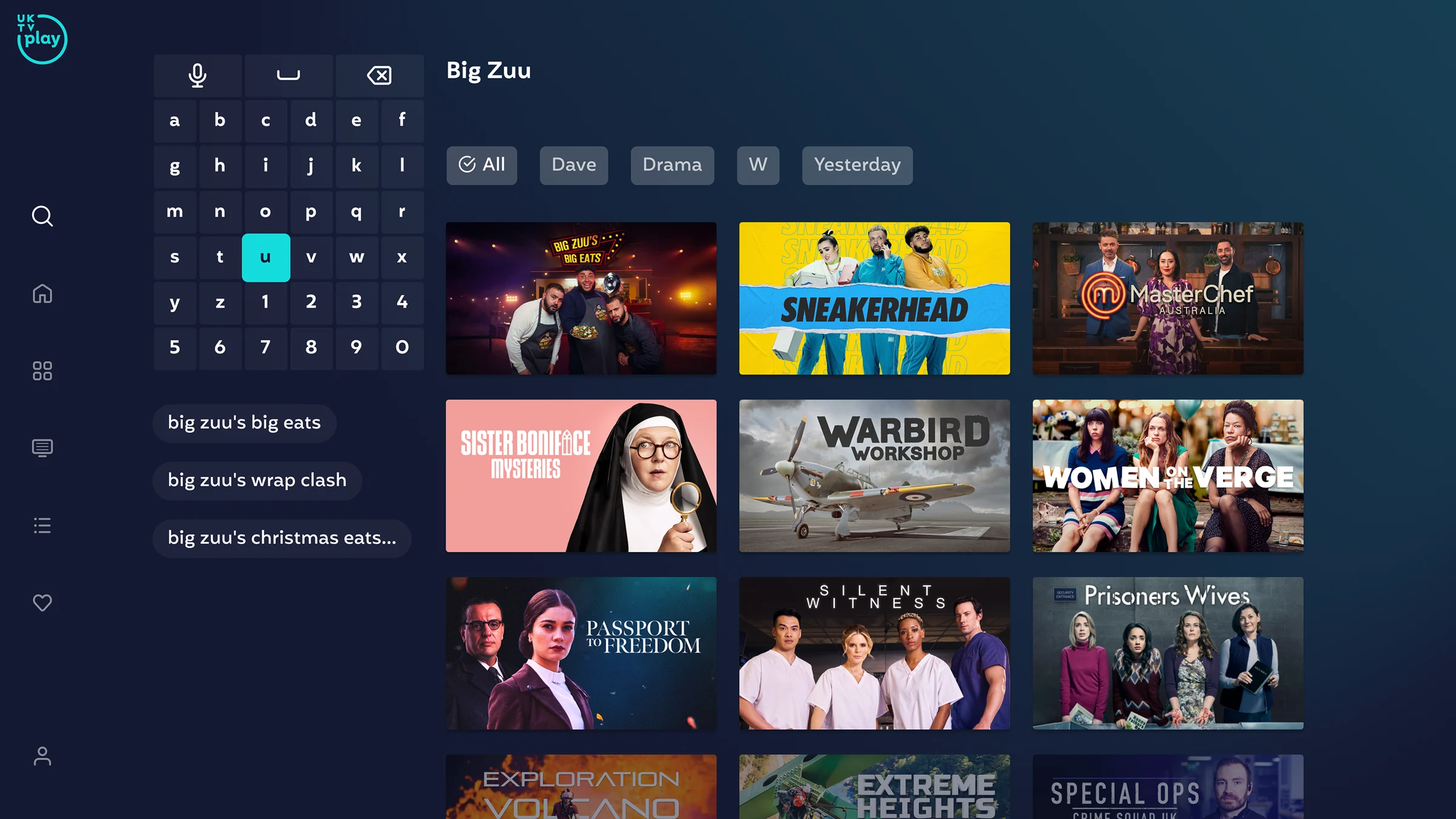 Search on TV with an on-screen keyboard, channel filters and results