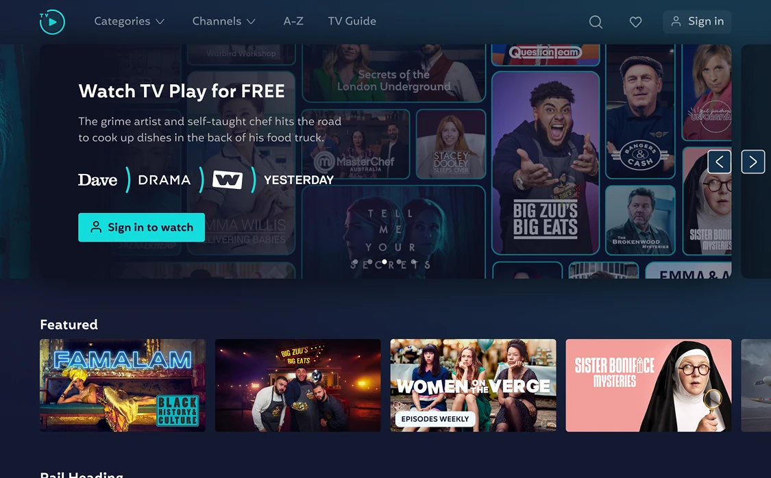 Web home page, signed out: Watch TV Play for free