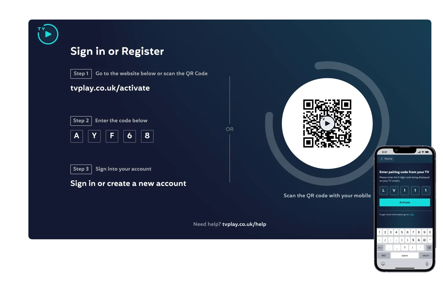Device linking: three numbered steps and a QR code on TV, next to the phone app